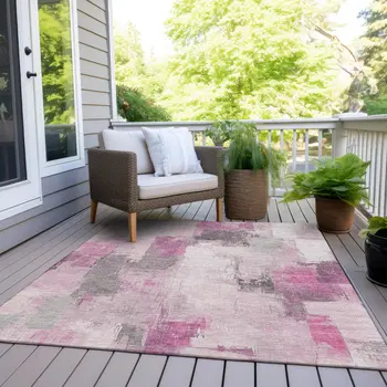 5' X 8' Pink And Silver Abstract Washable Indoor Outdoor Area Rug