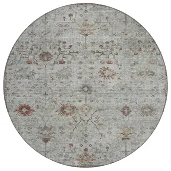 8' Gray And Copper Round Floral Washable Indoor Outdoor Area Rug