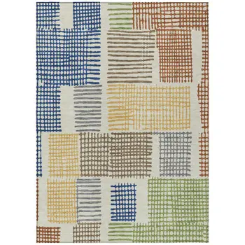 3' X 5' Beige Gold And Blue Geometric Washable Indoor Outdoor Area Rug