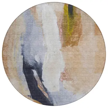 8' Beige And Navy Blue Round Abstract Washable Indoor Outdoor Area Rug