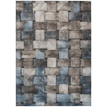10' X 14' Taupe And Denim Blue Striped Washable Indoor Outdoor Area Rug