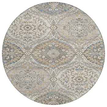 8' Beige Gold And Denim Blue Round Floral Washable Indoor Outdoor Area Rug