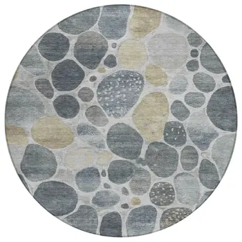 8' Pewter Beige And Ivory Round Geometric Washable Indoor Outdoor Area Rug