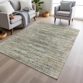 8' X 10' Artichoke Green And Beige Moroccan Washable Indoor Outdoor Area Rug