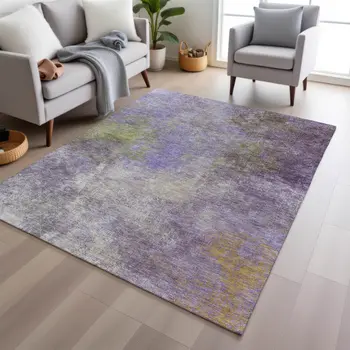 10' X 14' Purple And Olive Green Abstract Washable Indoor Outdoor Area Rug