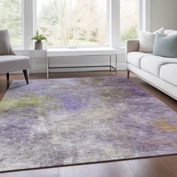 10' X 14' Purple And Olive Green Abstract Washable Indoor Outdoor Area Rug