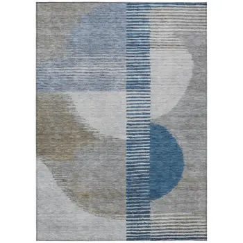 3' X 5' Denim Blue And Ivory Geometric Washable Indoor Outdoor Area Rug