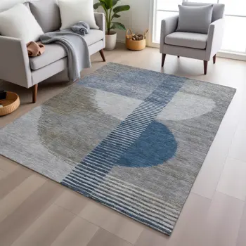 3' X 5' Denim Blue And Ivory Geometric Washable Indoor Outdoor Area Rug