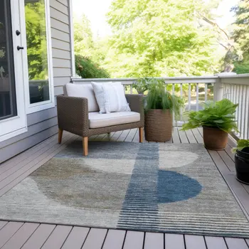 3' X 5' Denim Blue And Ivory Geometric Washable Indoor Outdoor Area Rug