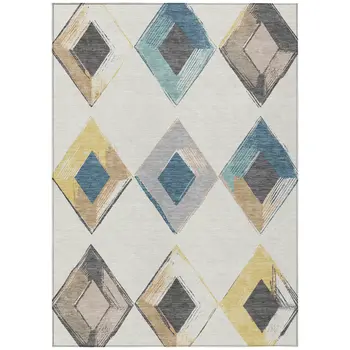 5' X 8' Ivory Gold And Gray Geometric Washable Indoor Outdoor Area Rug
