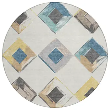 8' Ivory Gold And Gray Round Geometric Washable Indoor Outdoor Area Rug