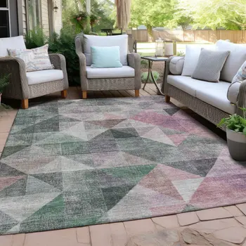 3' X 5' Blush And Green Geometric Washable Indoor Outdoor Area Rug