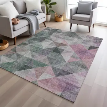 3' X 5' Blush And Green Geometric Washable Indoor Outdoor Area Rug