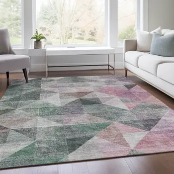 3' X 5' Blush And Green Geometric Washable Indoor Outdoor Area Rug