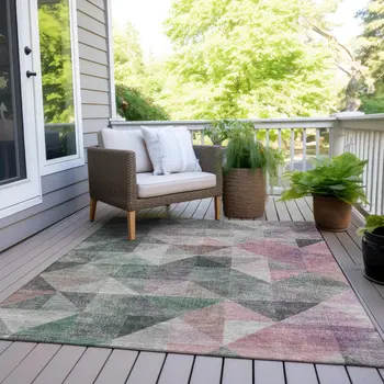 3' X 5' Blush And Green Geometric Washable Indoor Outdoor Area Rug