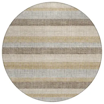 8' Beige And Ivory Round Striped Washable Indoor Outdoor Area Rug