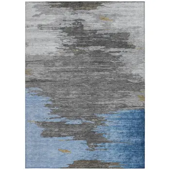 3' X 5' Denim Blue And Gray Abstract Washable Indoor Outdoor Area Rug