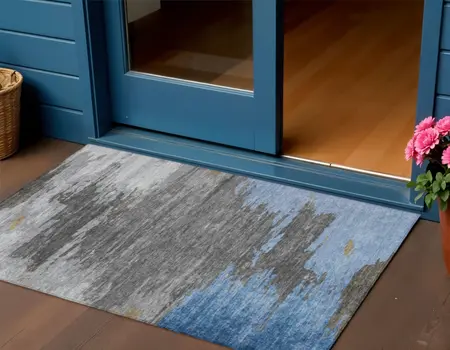 3' X 5' Denim Blue And Gray Abstract Washable Indoor Outdoor Area Rug