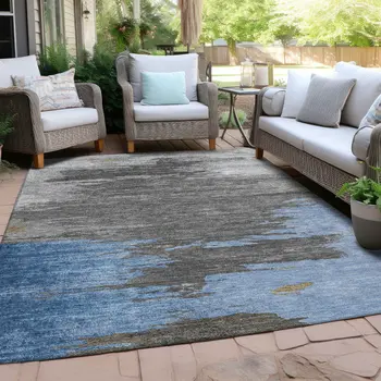 3' X 5' Denim Blue And Gray Abstract Washable Indoor Outdoor Area Rug
