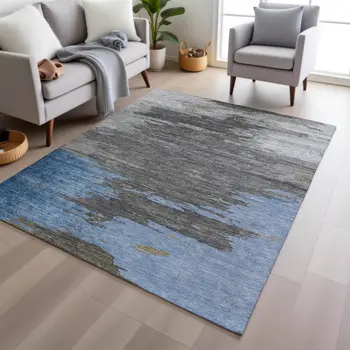 3' X 5' Denim Blue And Gray Abstract Washable Indoor Outdoor Area Rug