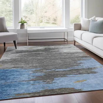 3' X 5' Denim Blue And Gray Abstract Washable Indoor Outdoor Area Rug