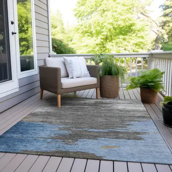 3' X 5' Denim Blue And Gray Abstract Washable Indoor Outdoor Area Rug