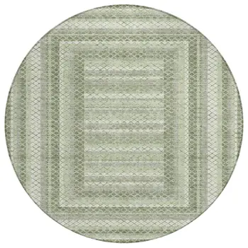 8' Artichoke Green And Gray Round Geometric Washable Indoor Outdoor Area Rug