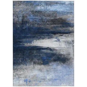 3' X 5' Navy Blue Charcoal And Ivory Abstract Washable Indoor Outdoor Area Rug