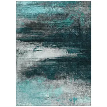 3' X 5' Teal Blue Aqua And Charcoal Abstract Washable Indoor Outdoor Area Rug