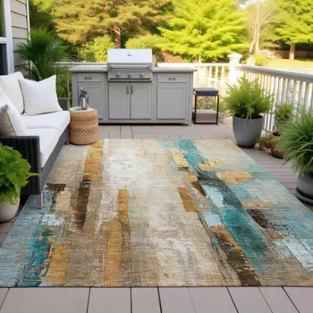 5' X 8' Beige And Teal Blue Abstract Washable Indoor Outdoor Area Rug