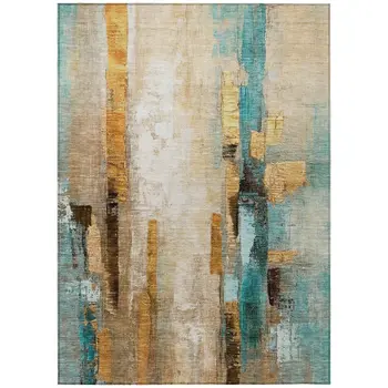 5' X 8' Beige And Teal Blue Abstract Washable Indoor Outdoor Area Rug