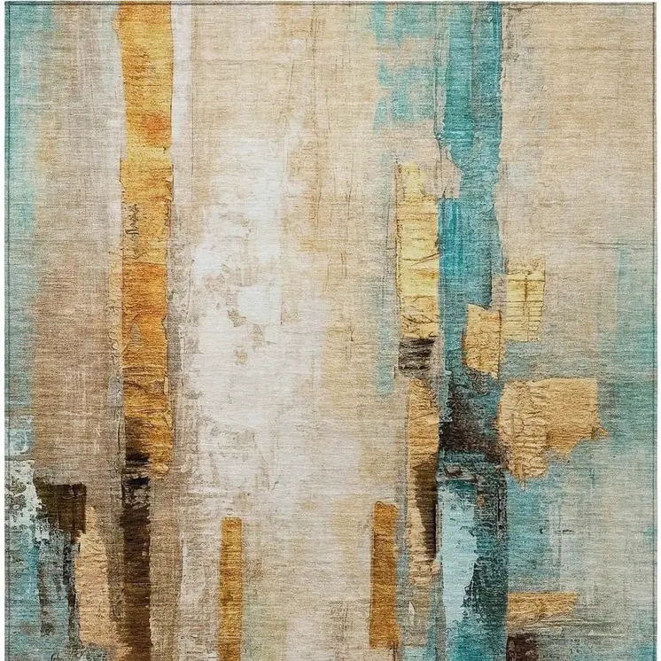 5' X 8' Beige And Teal Blue Abstract Washable Indoor Outdoor Area Rug