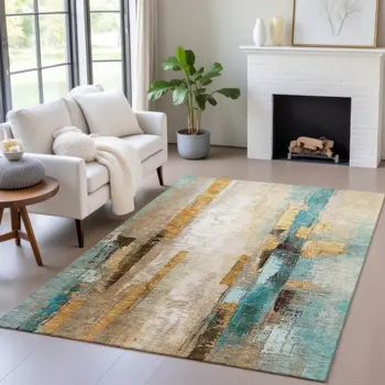 5' X 8' Beige And Teal Blue Abstract Washable Indoor Outdoor Area Rug