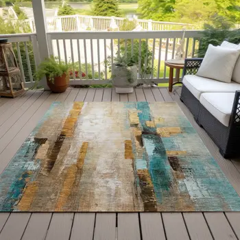 5' X 8' Beige And Teal Blue Abstract Washable Indoor Outdoor Area Rug
