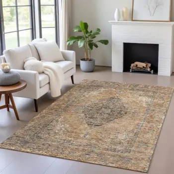 8' X 10' Copper And Taupe Medallion Washable Indoor Outdoor Area Rug