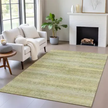8' X 10' Sage And Gold Striped Washable Indoor Outdoor Area Rug
