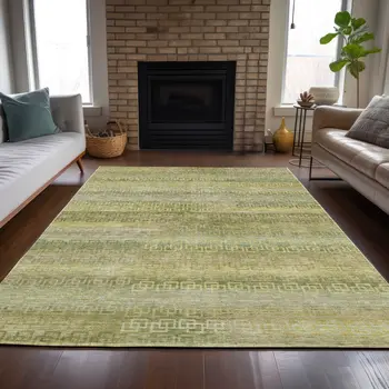 8' X 10' Sage And Gold Striped Washable Indoor Outdoor Area Rug