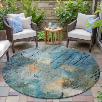 8' Teal Blue And Gold Round Abstract Washable Indoor Outdoor Area Rug