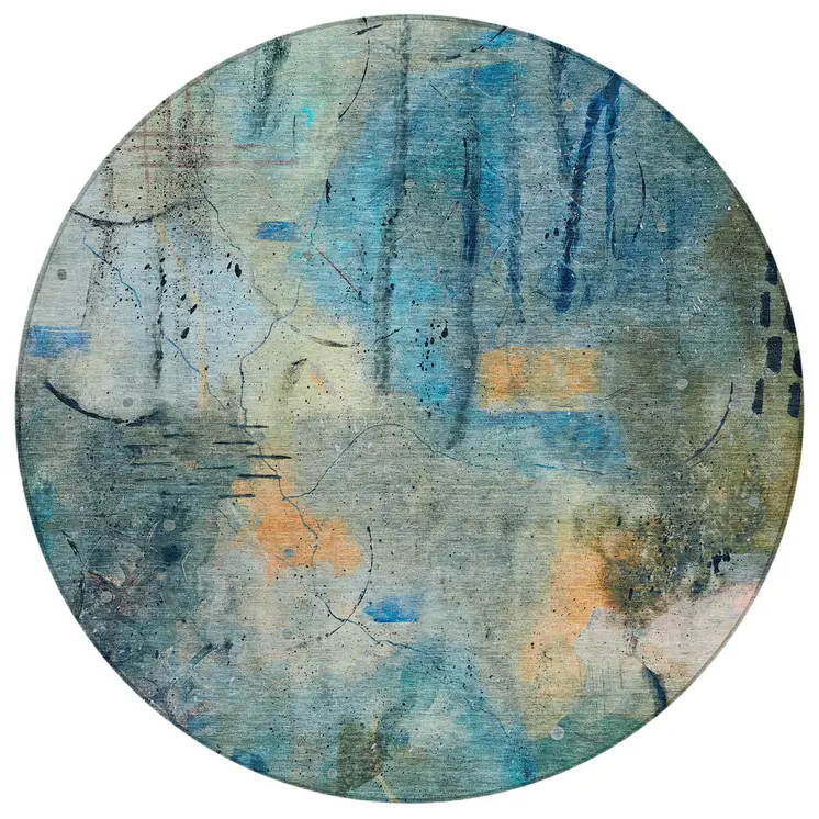 8' Teal Blue And Gold Round Abstract Washable Indoor Outdoor Area Rug