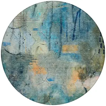 8' Teal Blue And Gold Round Abstract Washable Indoor Outdoor Area Rug