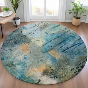 8' Teal Blue And Gold Round Abstract Washable Indoor Outdoor Area Rug