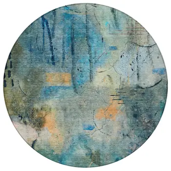 8' Teal Blue And Gold Round Abstract Washable Indoor Outdoor Area Rug