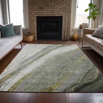 10' X 14' Artichoke Green And Gray Abstract Washable Indoor Outdoor Area Rug