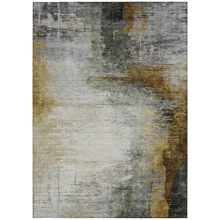 3' X 5' Chocolate Beige And Gold Abstract Washable Indoor Outdoor Area Rug