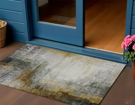 3' X 5' Chocolate Beige And Gold Abstract Washable Indoor Outdoor Area Rug