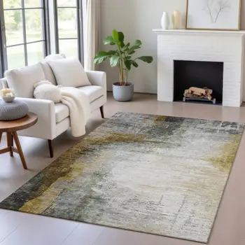 3' X 5' Chocolate Beige And Gold Abstract Washable Indoor Outdoor Area Rug
