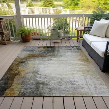 3' X 5' Chocolate Beige And Gold Abstract Washable Indoor Outdoor Area Rug