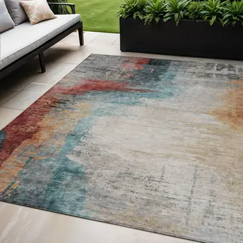5' X 8' Teal Blue Mauve And Beige Abstract Washable Indoor Outdoor Area Rug