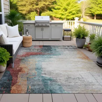 5' X 8' Teal Blue Mauve And Beige Abstract Washable Indoor Outdoor Area Rug