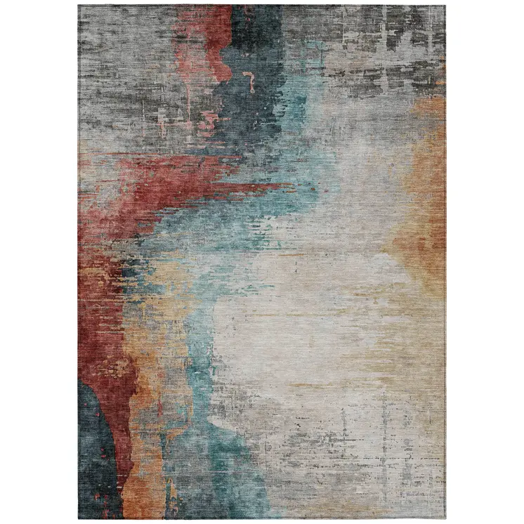 5' X 8' Teal Blue Mauve And Beige Abstract Washable Indoor Outdoor Area Rug